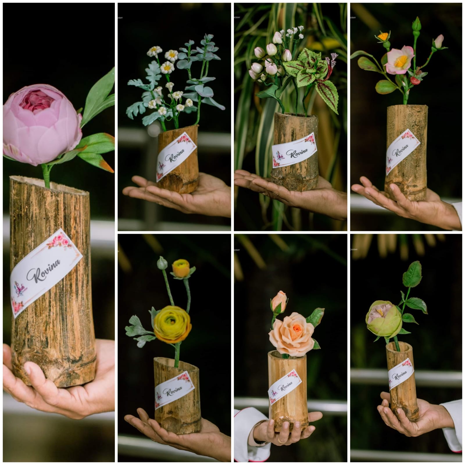 Hyper-realistic hand-crafted sugar flowers in natural bark vases
